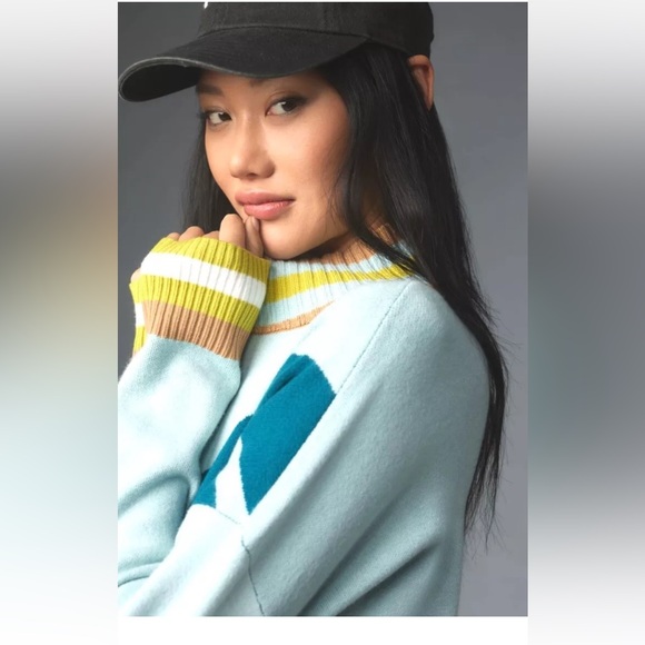 Anthropologie Maeve Varsity Half Zip Tunic Mini Sweater Dress Aqua Teal - Picture 4 of 7